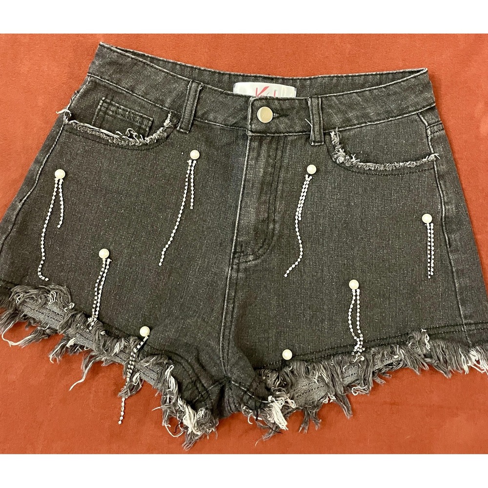 Krush Shorts Womens Small Gray Denim High Rise Cutoff Pearl Rhinestone Fringe